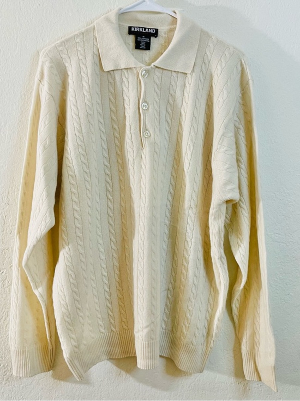 Kirkland Signature Cashmere Cable-Knit Polo Sweater Men Size M Cream Old Money